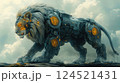Illustration of a majestic lion with cybernetic enhancements showing a combination of natural strength and advanced technology. 124521431