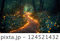 A magical forest path flooded with ethereal light, with glowing mushrooms and twinkling fireflies. 124521432