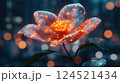 A surreal photograph of a flower with petals made of glowing circuits and wires, blossoming amidst a futuristic cityscape. 124521434