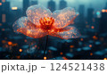 A surreal photograph of a flower with petals made of glowing circuits and wires, blossoming amidst a futuristic cityscape. 124521438