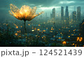 A surreal photograph of a flower with petals made of glowing circuits and wires, blossoming amidst a futuristic cityscape. 124521439