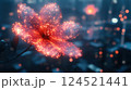 A surreal photograph of a flower with petals made of glowing circuits and wires, blossoming amidst a futuristic cityscape. 124521441