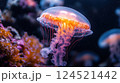 Image of an underwater scene with fairy jellyfish and coral reefs. 124521442
