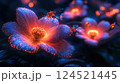 A futuristic illustration of a cybernetic garden, with flowers blooming with glowing circuits and robotic insects buzzing around. 124521445