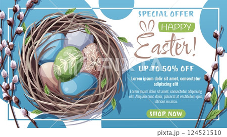 Happy Easter Sale Web Banner with Nest, Colorful Eggs, and Willow Branches. Festive Poster for Spring Promotions. Perfect for Advertising, Social Media, Banners, and Seasonal Sales Campaigns. Happy Easter Sale Web Banner with Nest, Colorful Eggs, and Willow Branches. Festive Poster for Spring Promotions. Perfect for Advertising, Social Media, Banners, and Seasonal Sales Campaigns. 124521510