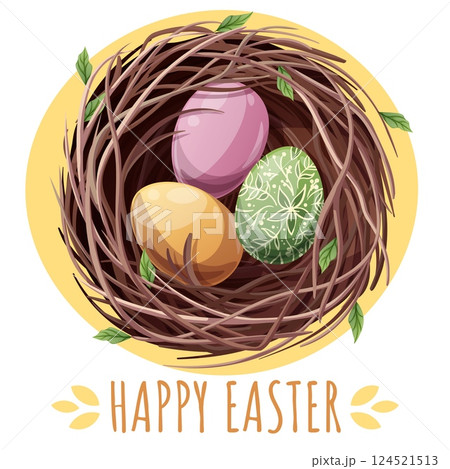 Happy Easter Square Card with Birds Nest and Colorful Eggs. Happy Easter Design. Perfect for Posters, Greetings, Social Media, Banners, and Spring Backgrounds 124521513