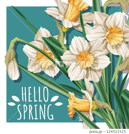 Square Spring Card with Daffodils and Fresh Greenery. Floral Design for Easter, Mothers Day and Spring Celebrations. Perfect for Banners, Promotions, Advertising and Social Media Posts. Square Spring Card with Daffodils and Fresh Greenery. Floral Design for Easter, Mothers Day and Spring Celebrations. Perfect for Banners, Promotions, Advertising and Social Media Posts. 124521523