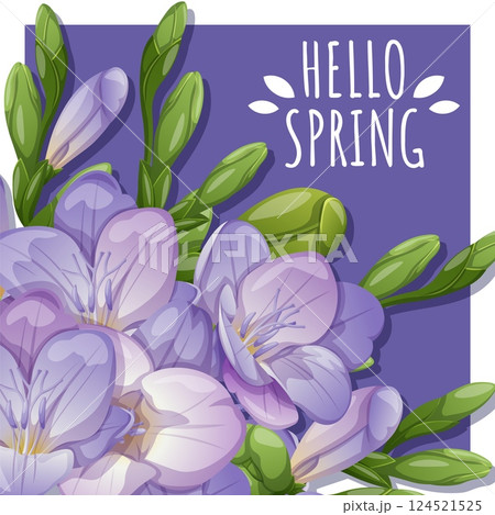Square Spring Card with Purple Freesia and Delicate Greenery on a purple background. Floral Design for Mothers Day and Seasonal Celebrations. Perfect for Banners, Social Media. Vector Illustrations. Square Spring Card with Purple Freesia and Delicate Greenery on a purple background. Floral Design for Mothers Day and Seasonal Celebrations. Perfect for Banners, Social Media. Vector Illustrations. 124521525