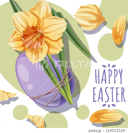 Happy Easter Square Card with Easter Egg and Yellow Daffodil on Green Background. Happy Easter Design. Perfect for Posters, Greetings, Social Media, and Banners. Celebrate Spring 124521529