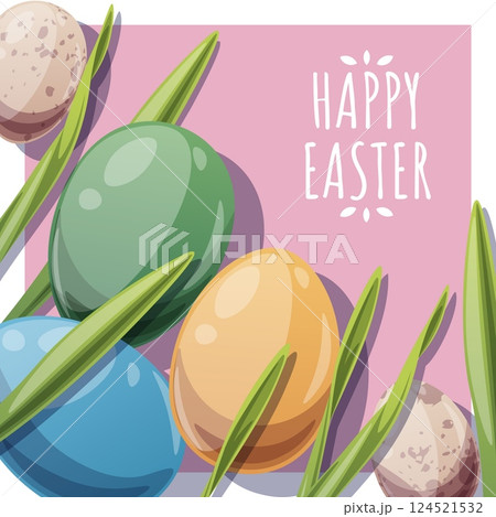 Happy Easter Square Card with Colorful Eggs in Grass. Happy Easter and Spring Design. Perfect for Greetings, Social Media, Banners, and Festive Promotions. 124521532