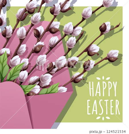 Happy Easter Square Card with Willow Branch in Envelope on Green Background. Happy Easter Design. Perfect for Greetings, Posters, Social Media, and Festive Banners. Celebrate Spring 124521534