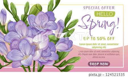 Purple Freesia Spring Sale Banner. Elegant Floral Discount Design for Promotions, Flyers, Social Media, Ads and Marketing. Vector Spring Illustration. 124521535
