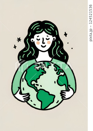 Girl holding the earth. Saving the planet. Earth day concept illustration 124521536