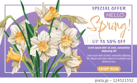 Happy Easter White Daffodils Spring Sale Banner. Elegant Floral Discount Design for Promotions, Flyers, Social Media Ads and Email Marketing. Clean Vector Illustration for Digital and Print. 124521552