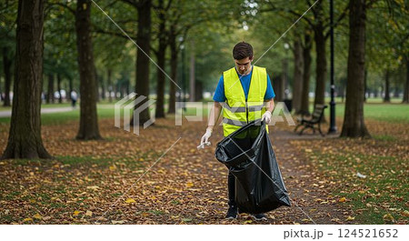 Young man in a yellow vest picking up trash in a large trash bag 124521652