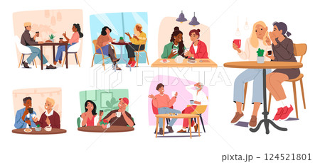 Two friends talking gossiping having nice conversation drinking coffee in cafe cartoon scene set 124521801