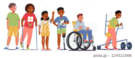 Diverse inclusive children cartoon characters with eyesight, skin and body physical disability 124521806