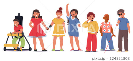 Diverse optimistic inclusive children with physical disability, cancer and congenital abnormalities 124521808