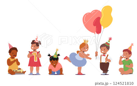 Adorable baby girls and boys cartoon characters celebrating first birthday isolated set on white 124521810