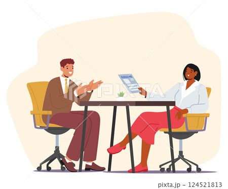 Man job seeker presenting filled resume form to woman company HR manager during interview meeting 124521813