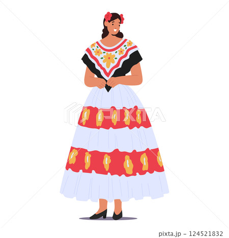 Young pretty mexican woman cartoon character wearing national dress isolated on white background Young pretty mexican woman cartoon character wearing national dress isolated on white background 124521832