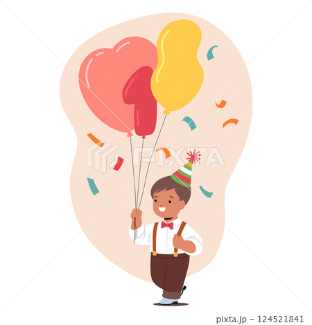 Little baby boy cute gentleman cartoon character with colorful balloons celebrating first birthday 124521841