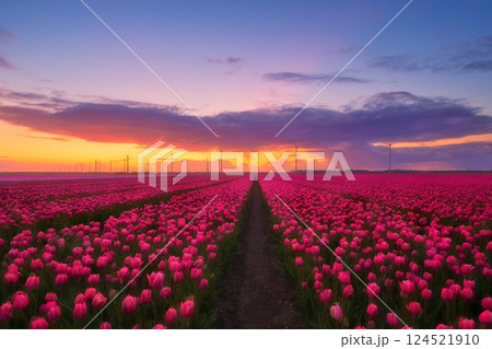 Netherlands. Field with tulip rows during sunset. Dutch landscape. Rows on the field. Holland. 124521910