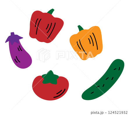 かわいい夏野菜の素材 トマト ナス キュウリ パプリカ 124521932