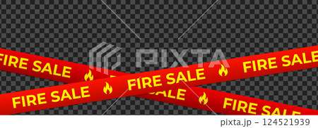 Red caution tapes with fire sale message and flame icon, evokes urgency, heat, massive discounts. Hot price drop promo design for banners, ads, posters. Vector illustration 124521939