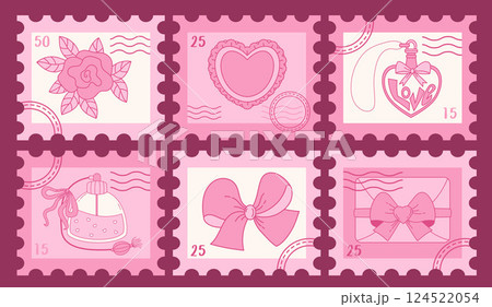 Romantic Pink Postage Stamps set. Vintage Coquette Heart, Ribbon Bow, Love Letter, Perfume, Flower Rose and Magic Elixir. Girly Vibe. Vector illustration. Aesthetic Design for love theme Valentine Day Romantic Pink Postage Stamps set. Vintage Coquette Heart, Ribbon Bow, Love Letter, Perfume, Flower Rose and Magic Elixir. Girly Vibe. Vector illustration. Aesthetic Design for love theme Valentine Day 124522054