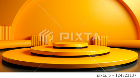 Empty podium pedestal, yellow background stand for product, goods. Shelf with product advertising - AI generated image 124522137