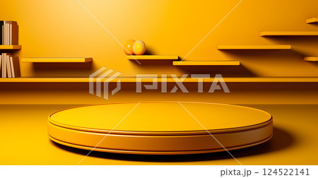 Empty podium pedestal, yellow background stand for product, goods. Shelf with product advertising - AI generated image 124522141