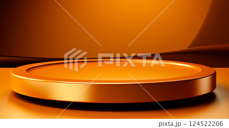 Empty podium pedestal, golden background stand for product, goods. Shelf with product advertising - AI generated image 124522206