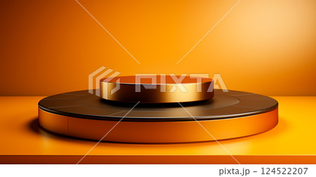 Empty podium pedestal, golden background stand for product, goods. Shelf with product advertising - AI generated image 124522207