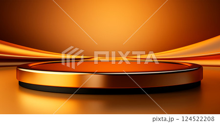 Empty podium pedestal, golden background stand for product, goods. Shelf with product advertising - AI generated image 124522208