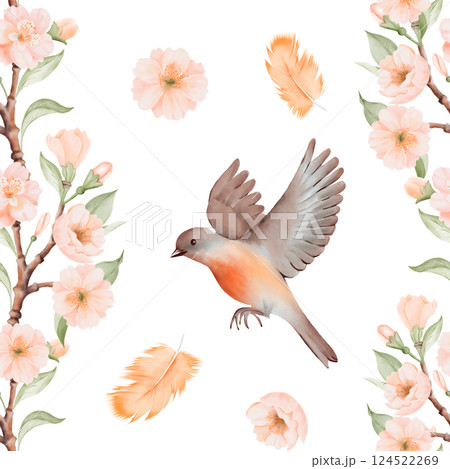 Watercolor Seamless Pattern of Bird, orange Feathers and Blossoming Branches with Peach or Cherry Flowers. Hand drawn Illustration for fabric or textile prints, gift packaging paper. 124522269