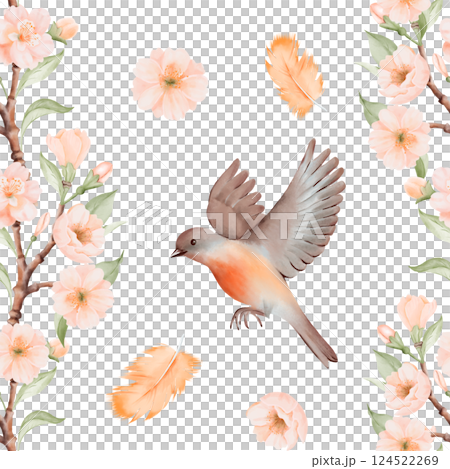 Watercolor Seamless Pattern of Bird, orange Feathers and Blossoming Branches with Peach or Cherry Flowers. Hand drawn Illustration for fabric or textile prints, gift packaging paper. 124522269