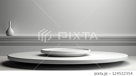Empty podium pedestal, white background stand for product, goods. Shelf with product advertising - AI generated image 124522354