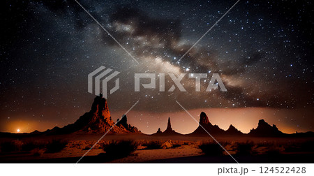 Milky Way galaxy over American desert at night - AI generated image Milky Way galaxy over American desert at night - AI generated image 124522428