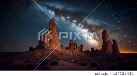 Milky Way galaxy over American desert at night - AI generated image Milky Way galaxy over American desert at night - AI generated image 124522439