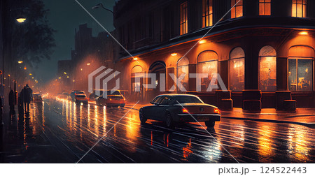 City night panoramic bokeh landscape, blurred illustration, cityscape at dusk - AI generated image 124522443