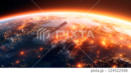 Panoramic view of the globe of planet Earth from space. Glowing bright sun - AI generated image Panoramic view of the globe of planet Earth from space. Glowing bright sun - AI generated image 124522506