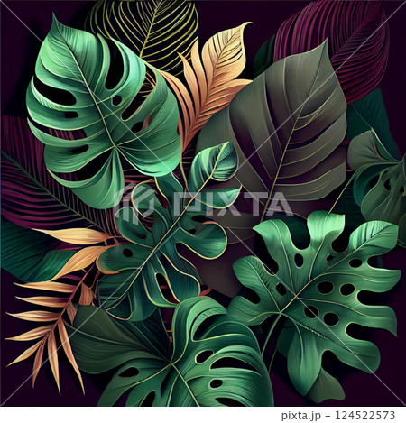 Green tropical monstera leaves, palm trees, ferns and ornamental plants - AI generated image 124522573