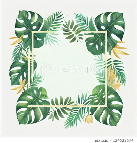 Template, postcard, banner for advertising green tropical Monstera leaves, palm trees - AI generated image 124522574