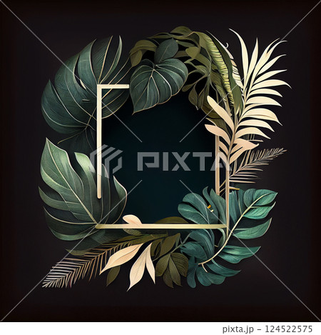 Template, postcard, banner for advertising green tropical Monstera leaves, palm trees - AI generated image 124522575