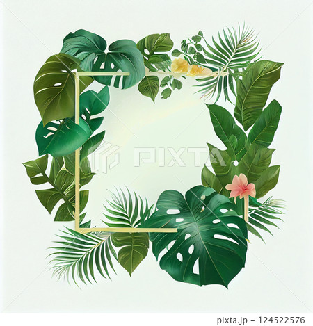 Template, postcard, banner for advertising green tropical Monstera leaves, palm trees - AI generated image 124522576