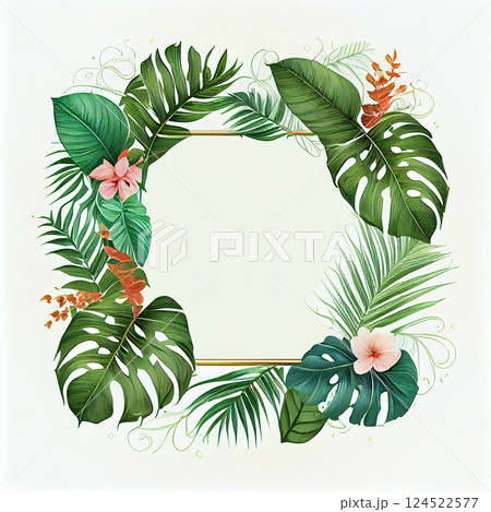 Template, postcard, banner for advertising green tropical Monstera leaves, palm trees - AI generated image 124522577