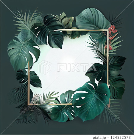 Template, postcard, banner for advertising green tropical Monstera leaves, palm trees - AI generated image 124522578