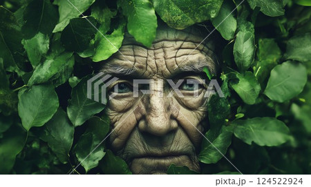Man is in a green bush. He is looking at the camera 124522924
