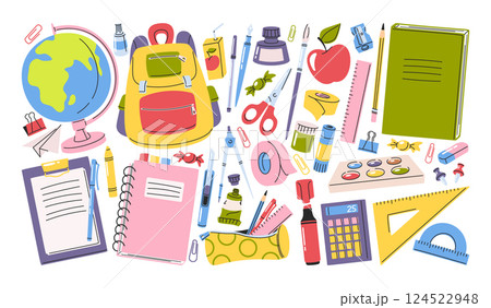 School accessories, education workplace supplies and knowledge items doodle hand drawn set School accessories, education workplace supplies and knowledge items doodle hand drawn set 124522948